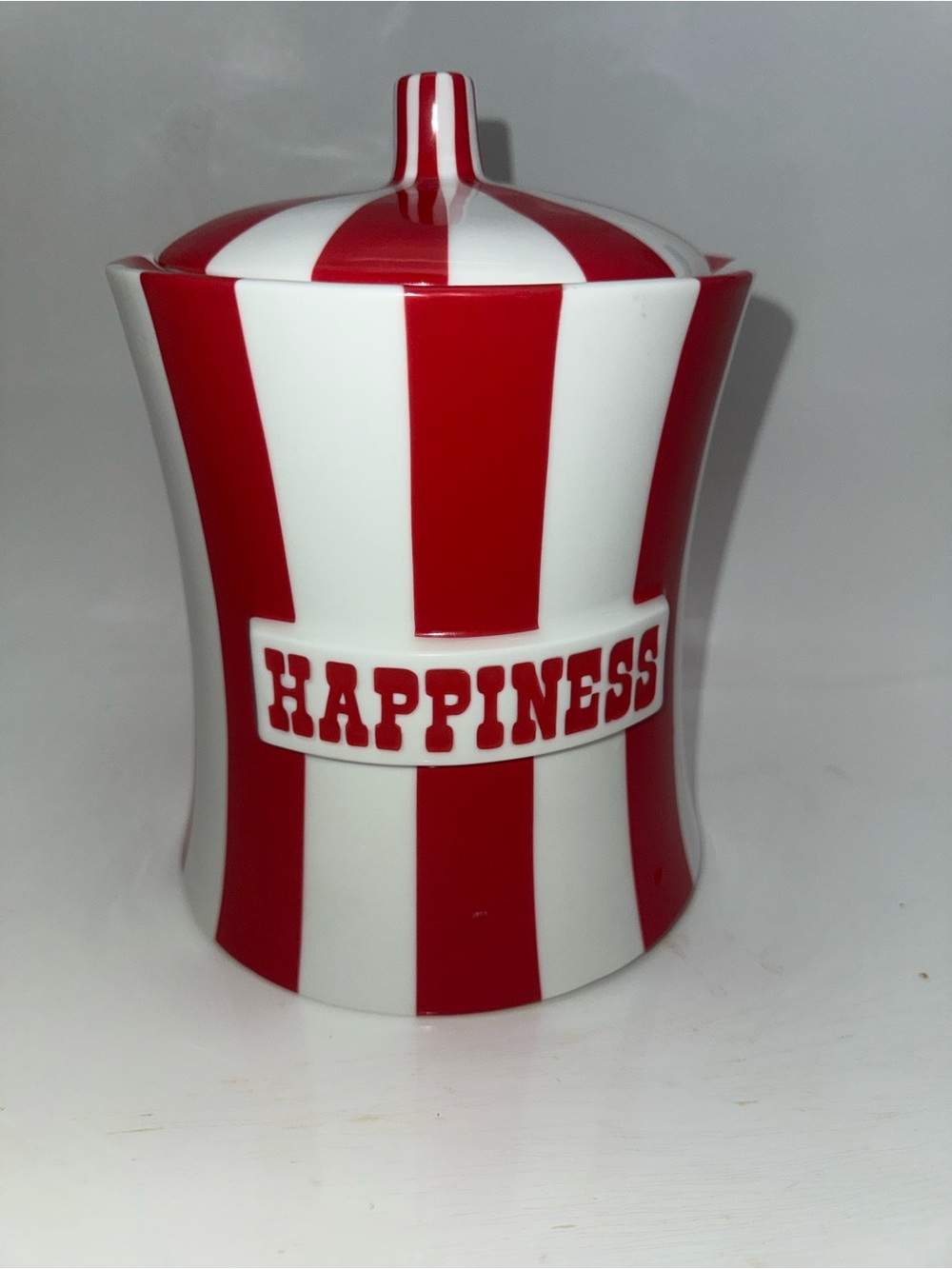 Jonathan Adler Red and White Striped 'HAPPINESS' Ceramic Jar - Picture 6 of 6